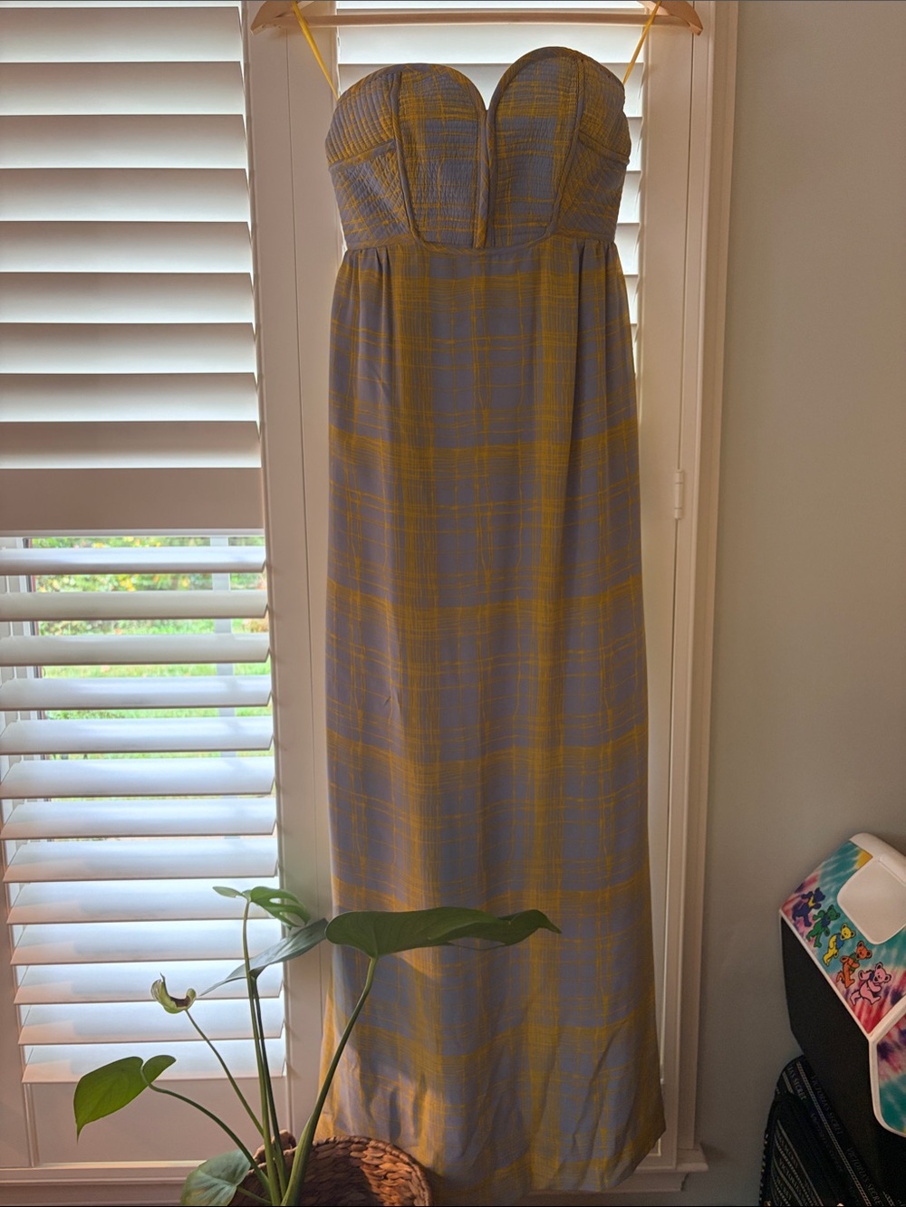Strapless Yellow and Gray Plaid Maxi Dress